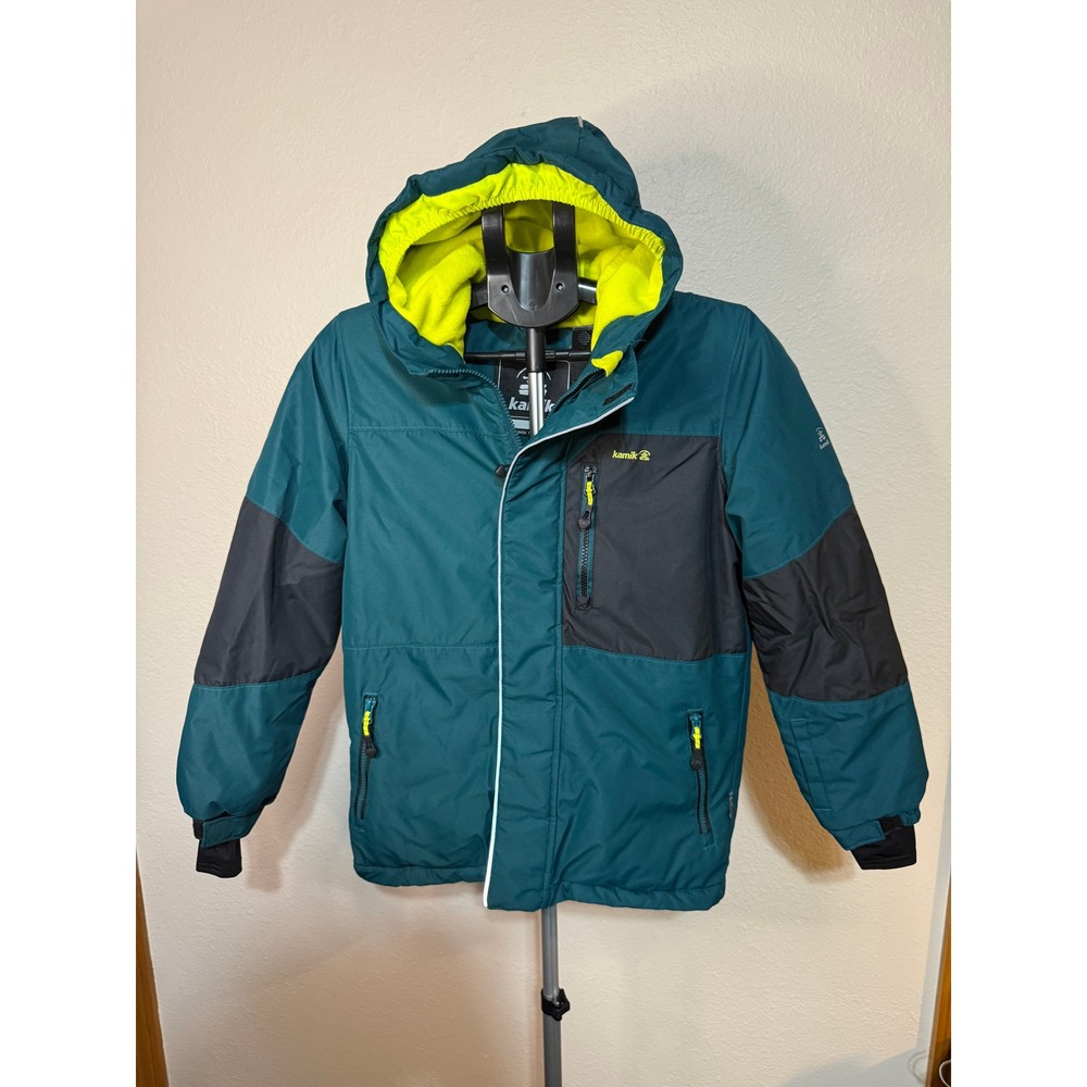 Kamik Boys Teal Black Insulated Winter Jacket Hooded Ski Parka Size 12 152